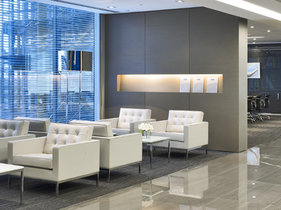 Florence Knoll office white sofas